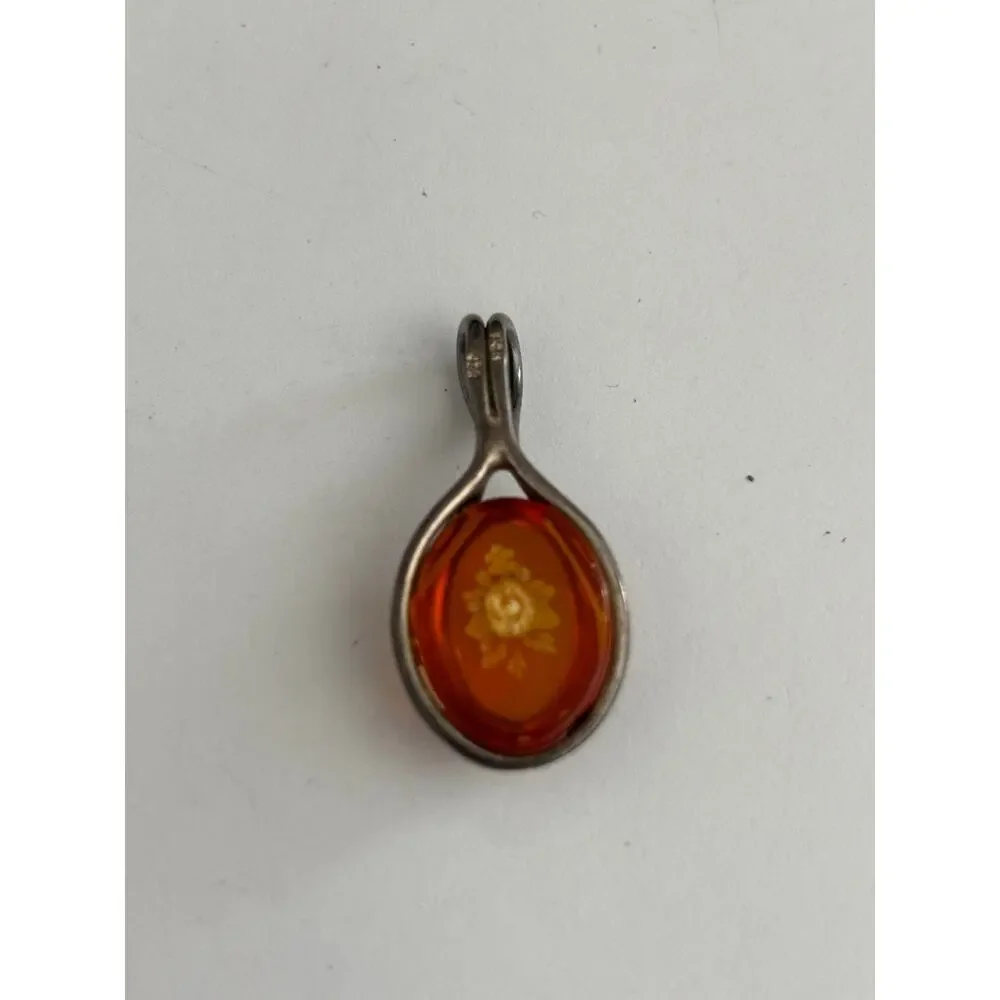 Vintage Sterling Silver Reverse Carved Amber Pendant Rose Whimsical